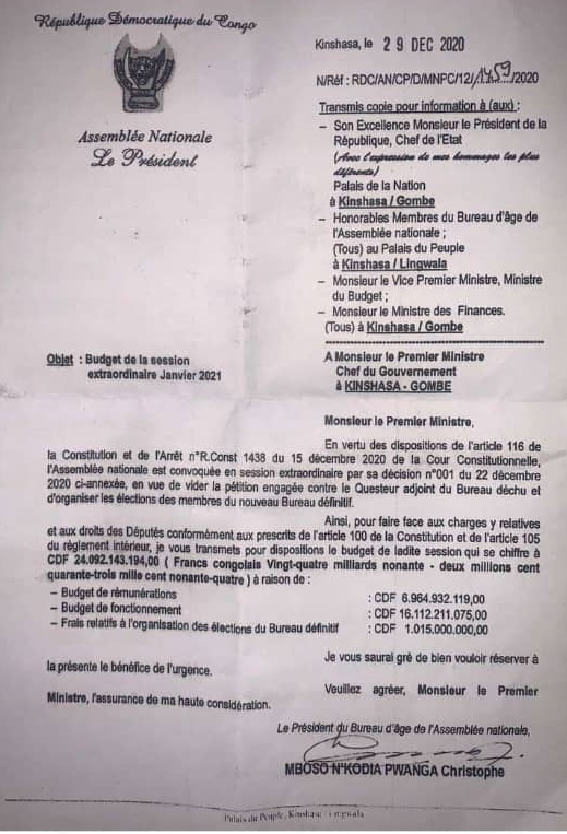 Lettre de demande de budget pour l'organisation session extraordinaire de l'AN