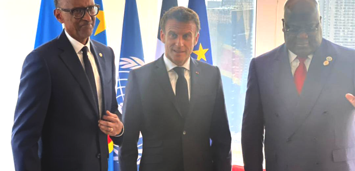 Paul Kagame, Emmanuel Macron et Félix Tshisekedi