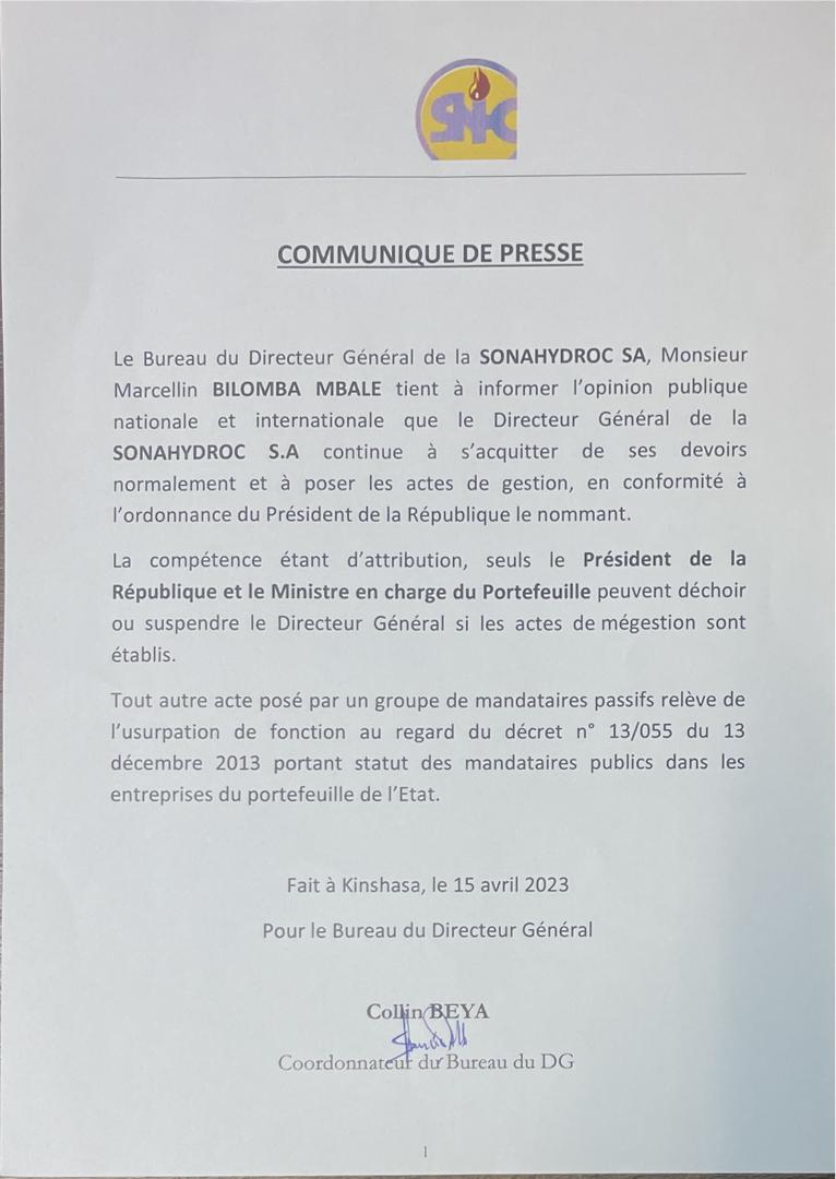 Communiqué de presse de la SONAHYDROC SA