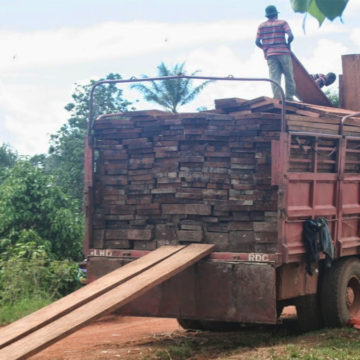 Unn camion chargé de bois scié